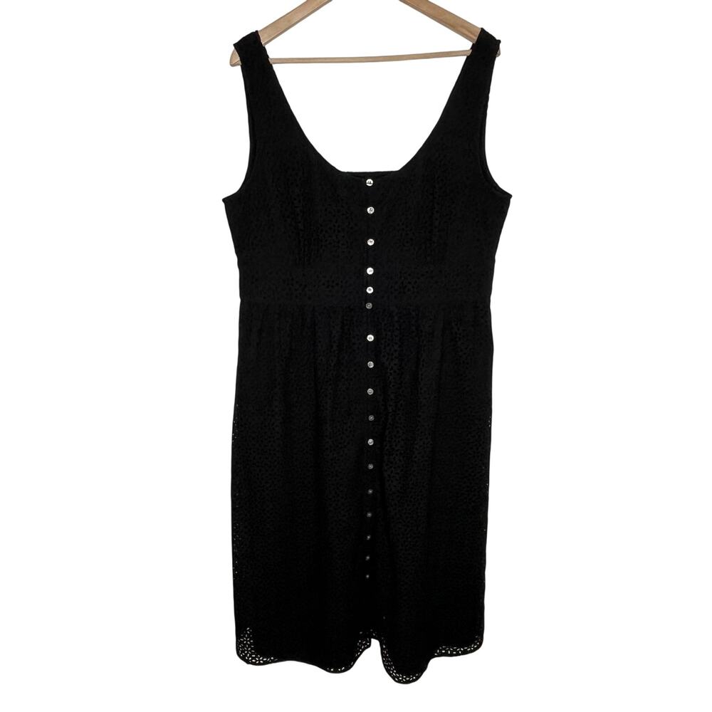 J. Crew Button Front Eyelet Midi Dress Womens 16 Black Cotton Summer Smocked - Picture 3 of 8